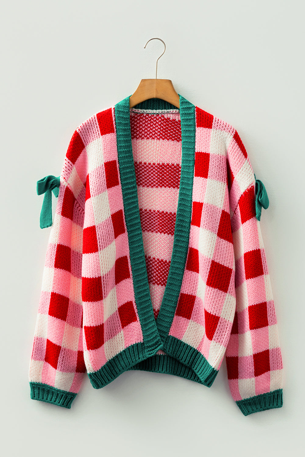 Pink Colorblock Checkered Open Front Knit Cardigan
