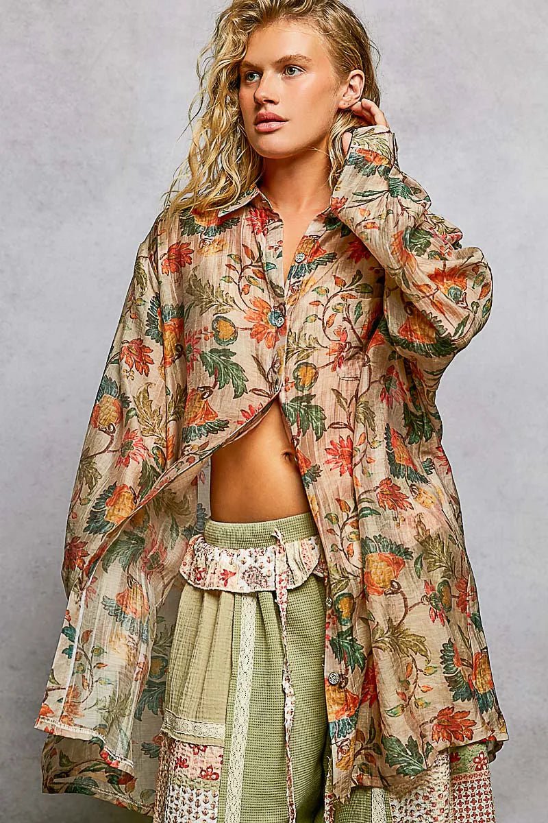 POL Metal Button Down Floral Long Sleeve Shirt - Creative Freedom Collective