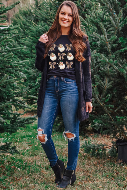 White Santa Claus Leopard Bow Heat Transfer Printing Crew Neck Graphic T Shirt