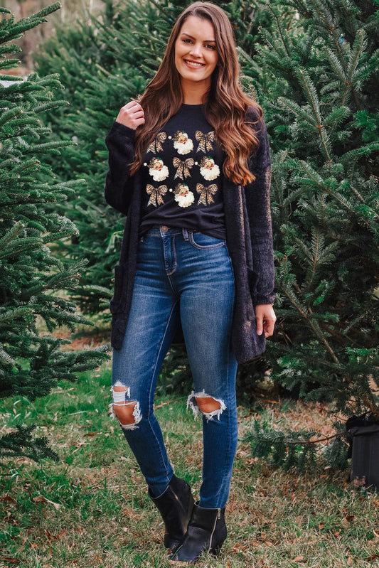 White Santa Claus Leopard Bow Heat Transfer Printing Crew Neck Graphic T Shirt Shewin