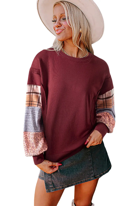 Red Sandalwood Plaid Patchwork Sleeve Raw Seam Sweatshirt Shewin
