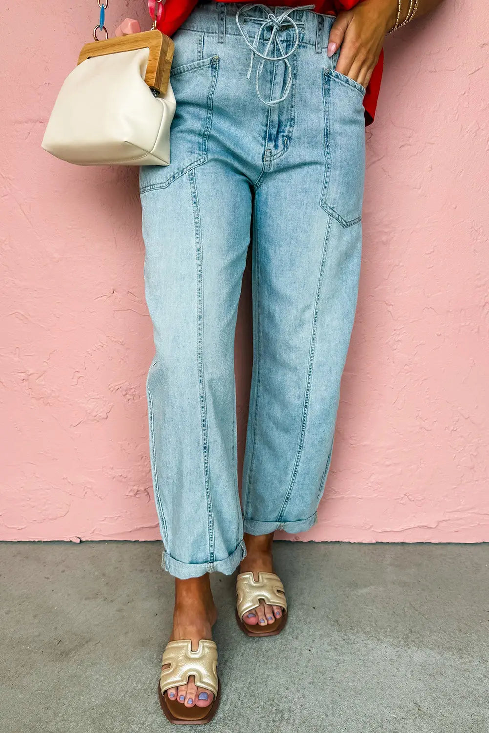 Myosotis Exposed Stitch Detail Drawstring Barrel Jeans Shewin