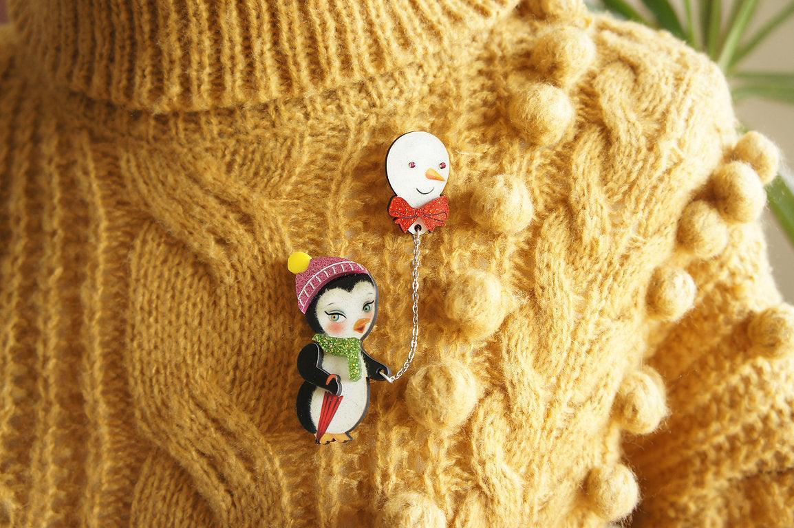 Festive Penguin with Balloon Brooch by Laliblue