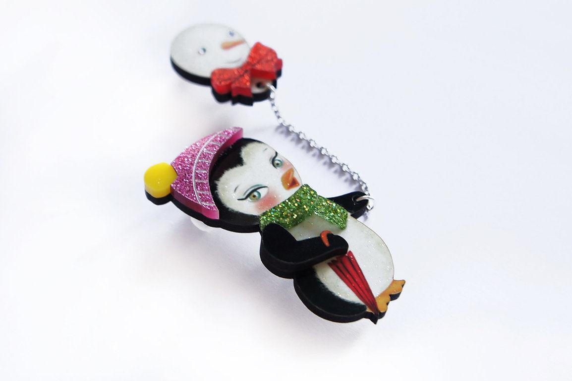 Festive Penguin with Balloon Brooch by Laliblue