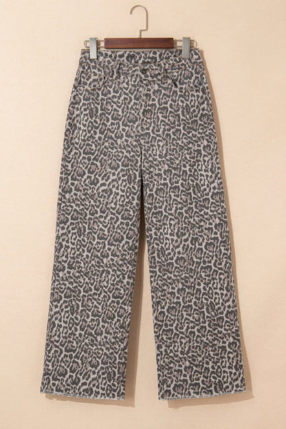 Brown Leopard High Waist Frayed Hem Jeans Shewin