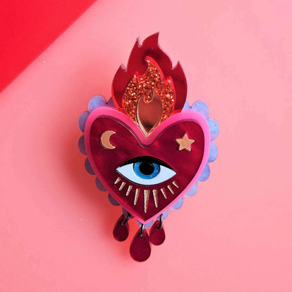 Flaming Heart Statement Brooch by Cherryloco - Red Pink
