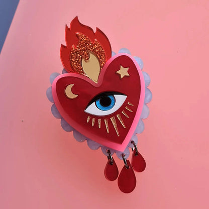 Flaming Heart Statement Brooch by Cherryloco - Red Pink
