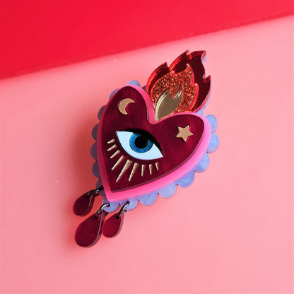 Flaming Heart Statement Brooch by Cherryloco - Red Pink