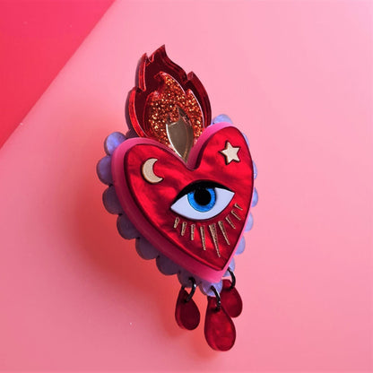 Flaming Heart Statement Brooch by Cherryloco - Red Pink