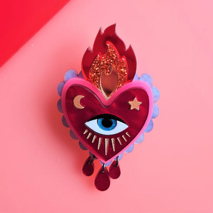Flaming Heart Statement Brooch by Cherryloco - Red Pink