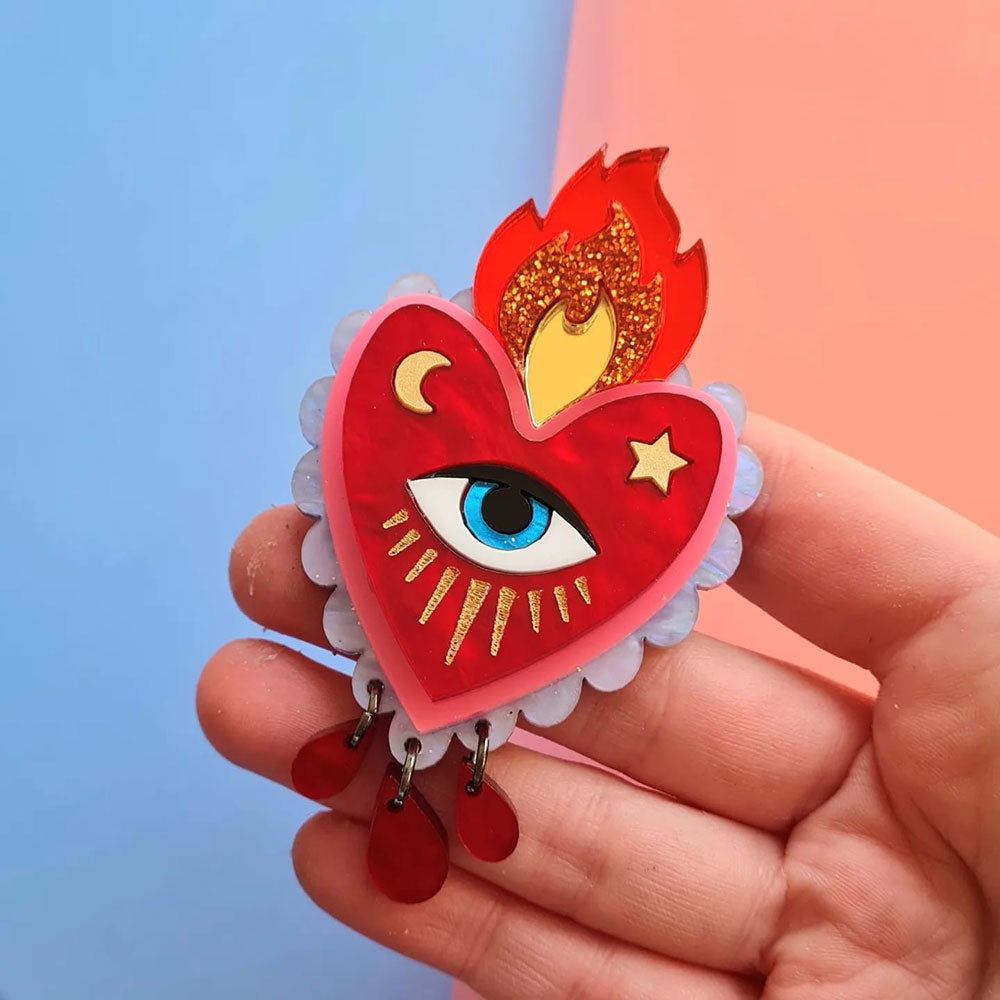 Flaming Heart Statement Brooch by Cherryloco - Red Pink