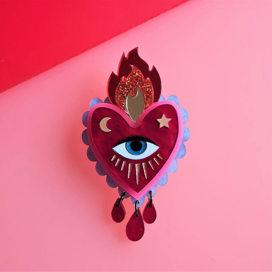 Flaming Heart Statement Brooch by Cherryloco - Red Pink