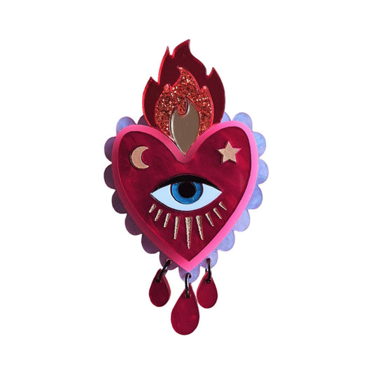Flaming Heart Statement Brooch by Cherryloco - Red Pink