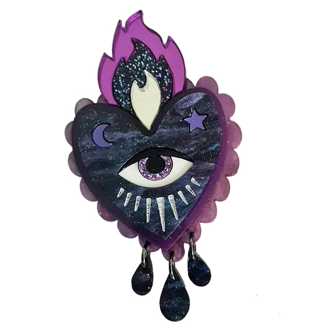 Flaming Heart Statement Brooch by Cherryloco PURPLE