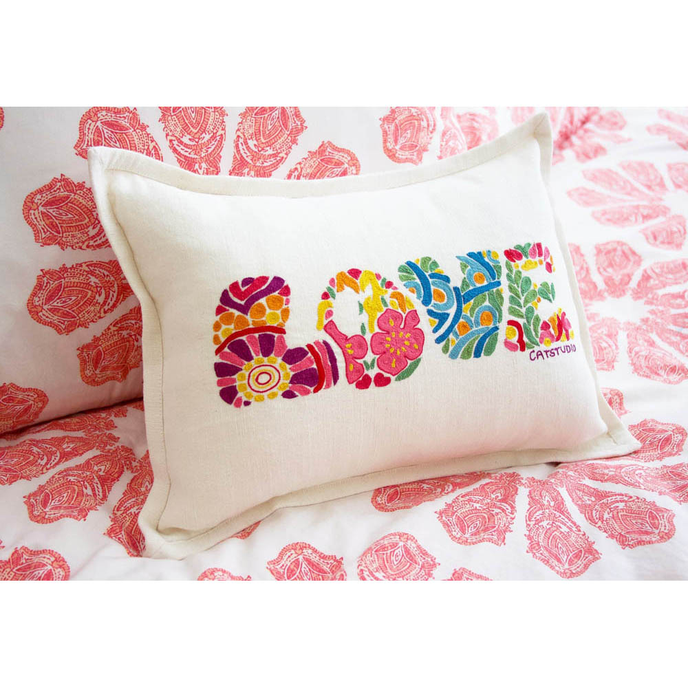 Flower Power Love Letters Hand-Embroidered Pillow - Available in Bright or Pastel by CatStudio Quirks!