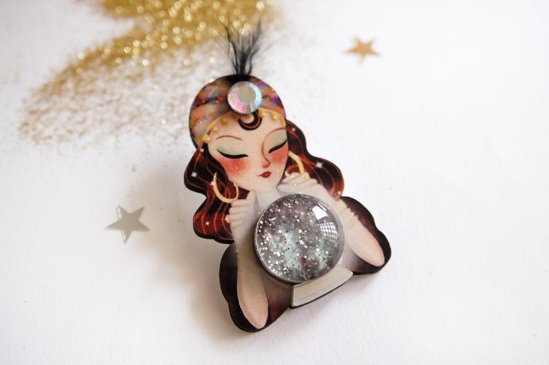 Fortune Teller with Crystal Ball Brooch by Laliblue