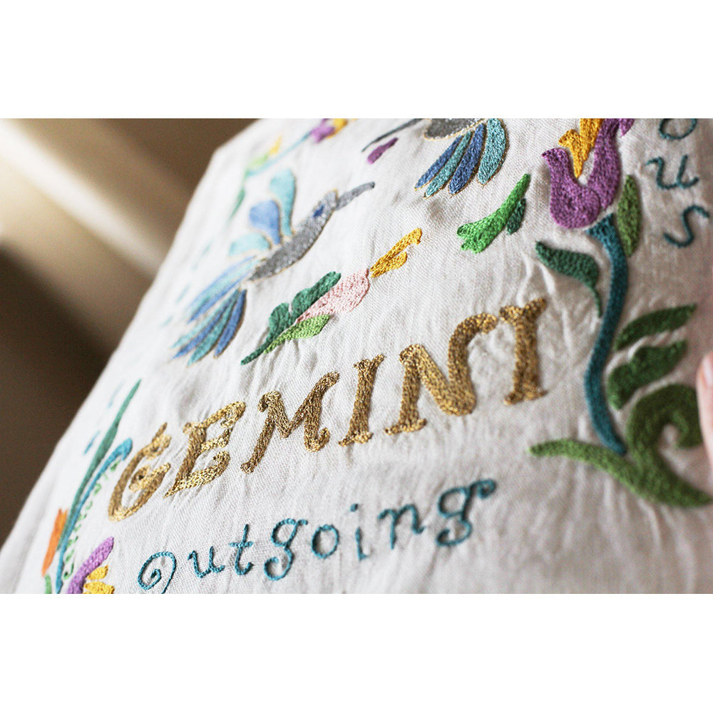Gemini Astrology Hand-Embroidered Pillow by Cat Studio Quirks!