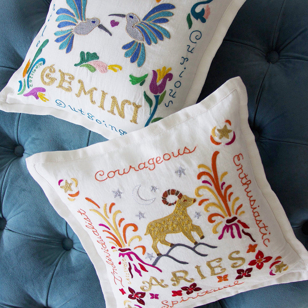 Gemini Astrology Hand-Embroidered Pillow by Cat Studio Quirks!