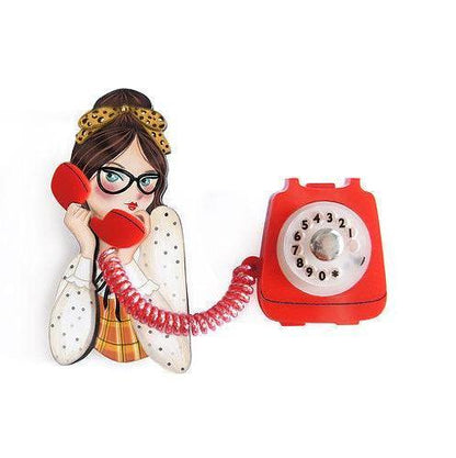 Girl with Phone Collar Clip Brooch by Laliblue