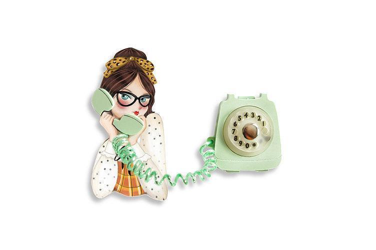 Girl with Phone Collar Clip Brooch by Laliblue