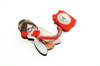 Girl with Phone Collar Clip Brooch by Laliblue