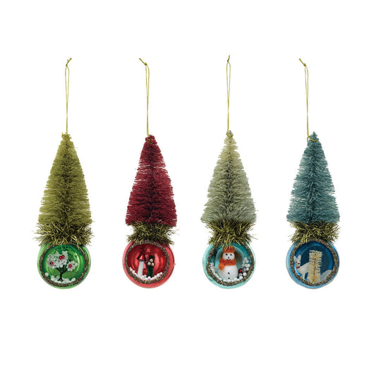 Glass Diorama Ornament w/ Bottle Brush Tree, Set of 4 Quirks!