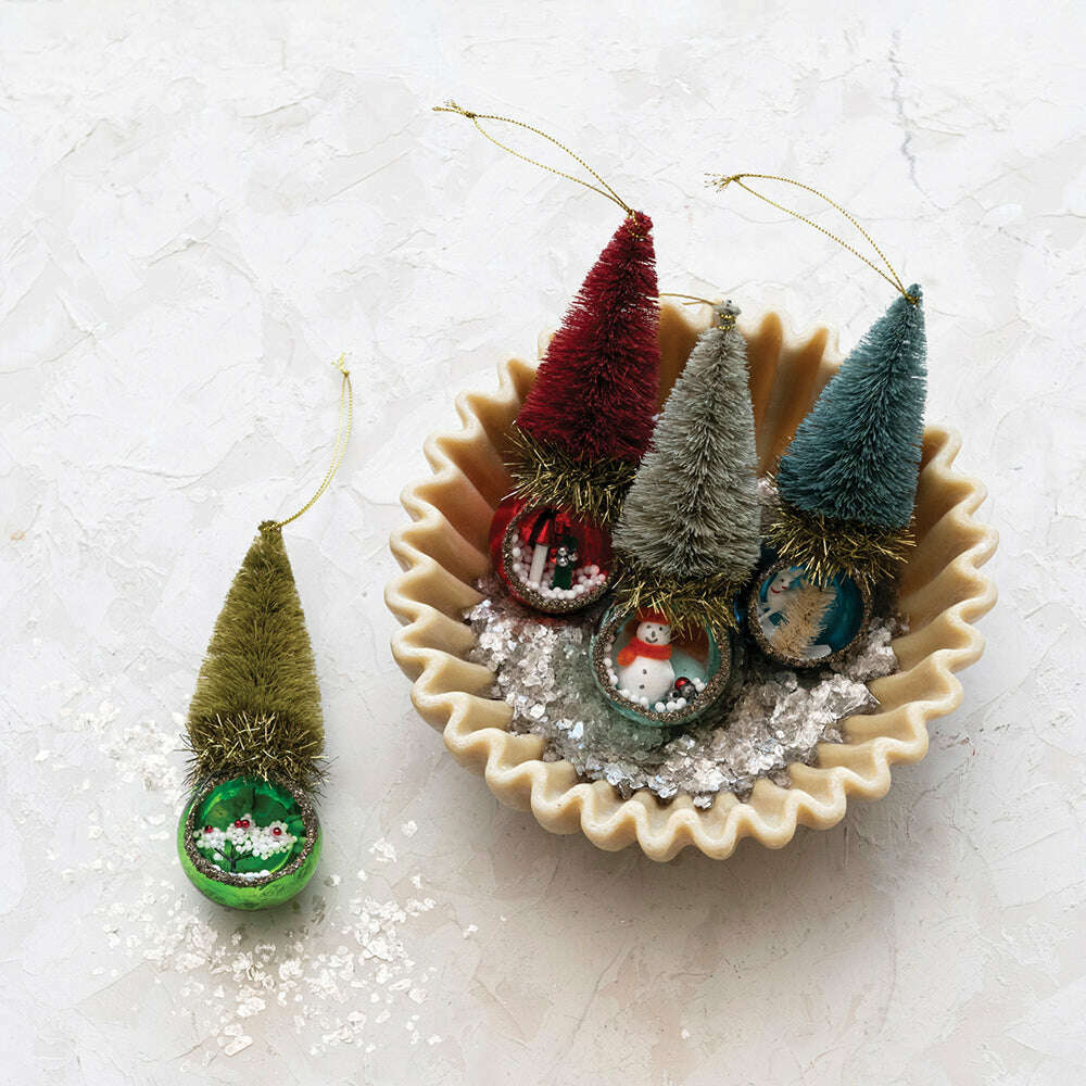 Glass Diorama Ornament w/ Bottle Brush Tree, Set of 4