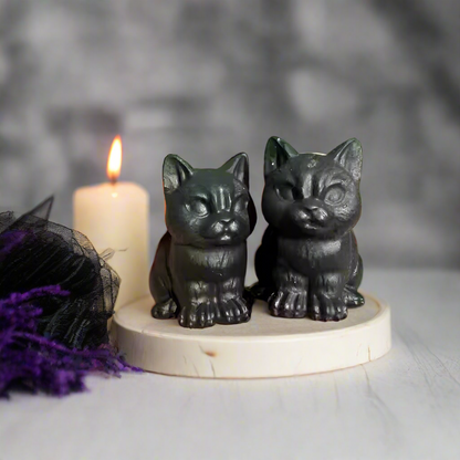 Grumpy Black Obsidian Cats, Mini Black Cat, Black Crystal Cat, Witchy Halloween Decor