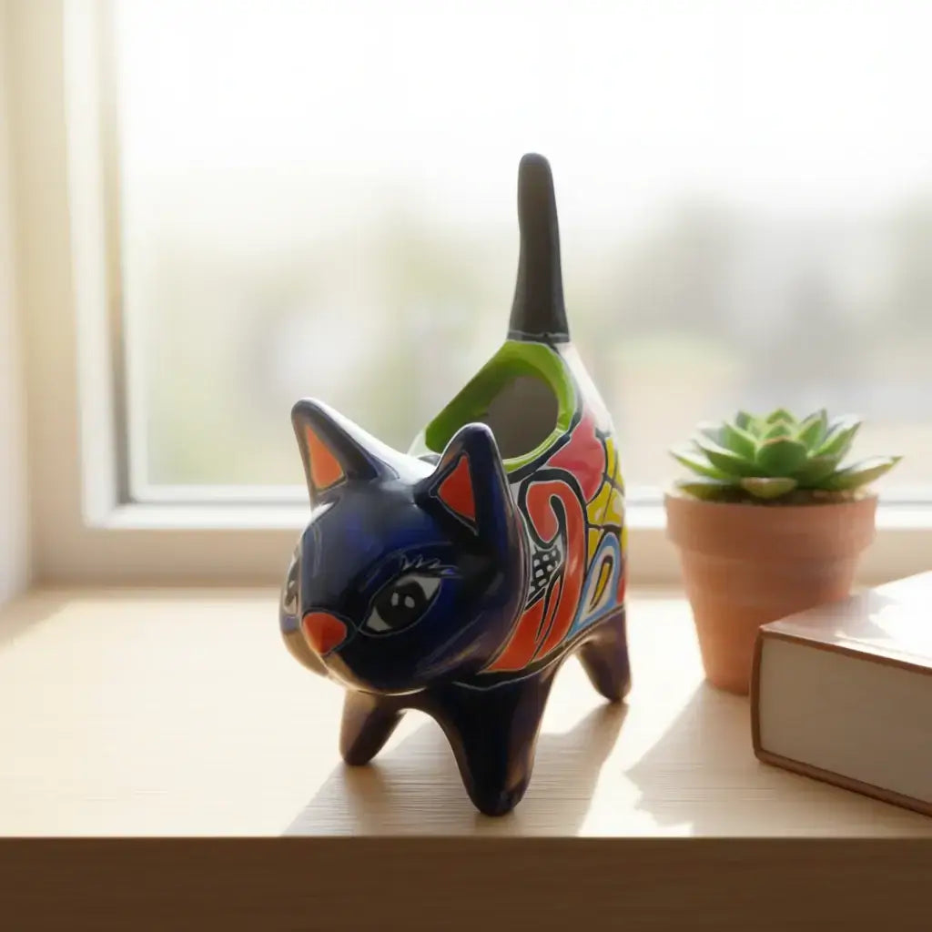 Vibrant Talavera Cat Planter | Handcrafted Mexican Pottery