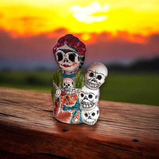 Handcrafted Talavera Frida Statue | Colorful Day of the Dead Calavera Skull Decor