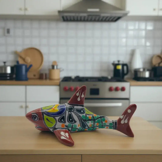 Vibrant Talavera Shark Figurine | Handcrafted Mexican Decor