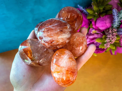 Red Hematoid quartz CRYSTAL palm stones with RAINBOWS