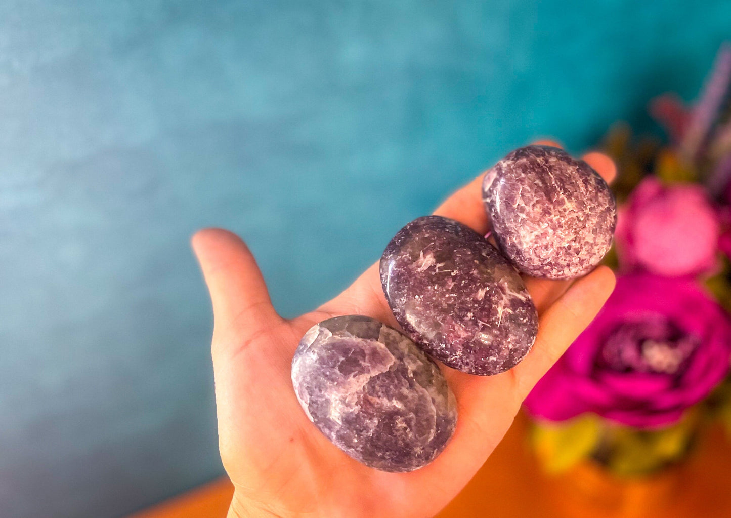 Lepidolite palm stone for TRANQUILITY