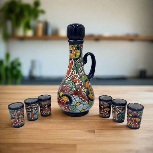 Talavera Decanter with 6 Shot Glasses | Hand Painted Mexican Set