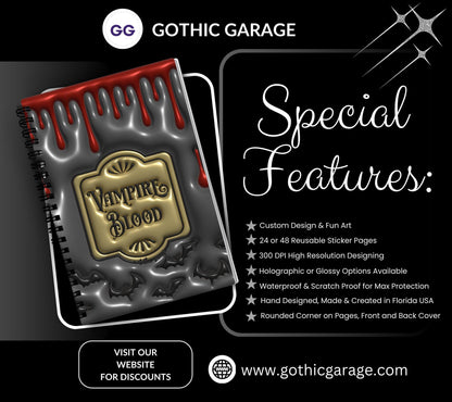 Gothic Vampire Blood Reusable Sticker Book, Gothic Vibe Sticker Album, Perfect Gift to Personalize for Goth Lovers & Sticker Collectors