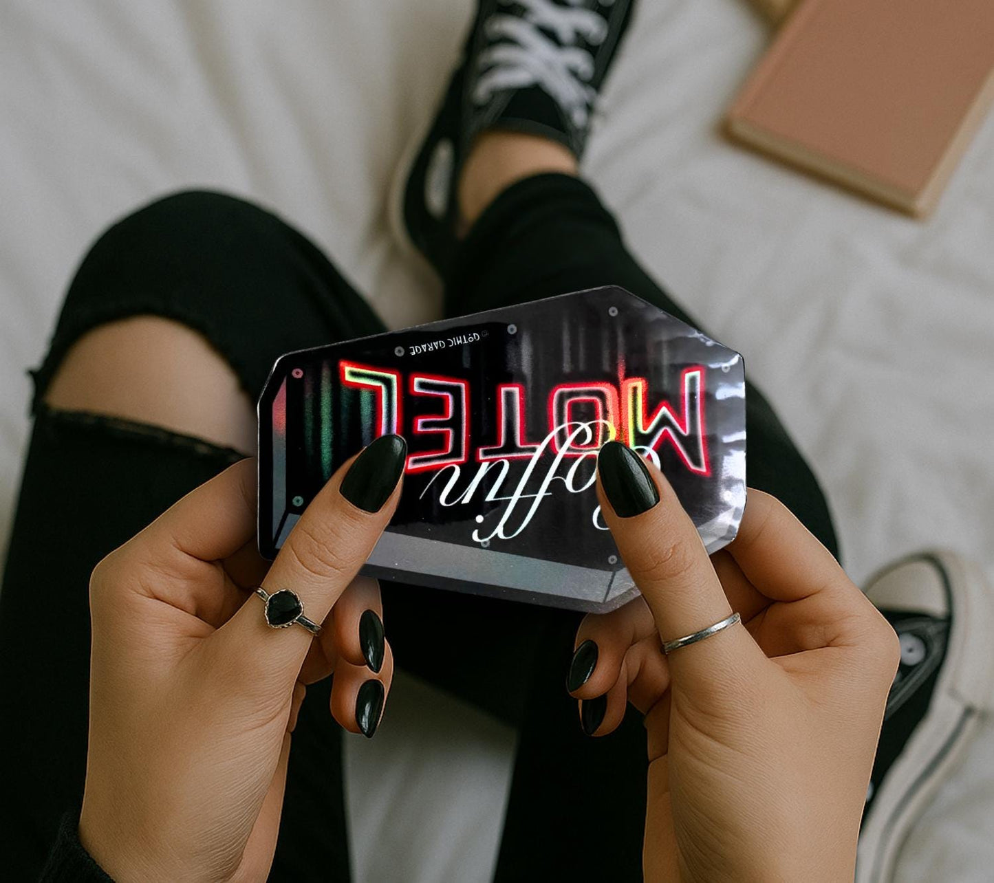 Neon Red Coffin Motel Sticker: Gothic Waterproof Die Cut