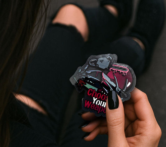 Horror Junkie Weapons, Waterproof Die Cut Sticker, Choose Between Glossy or Holographic, Perfect to Add Retro & Vintage Fun to any Surface