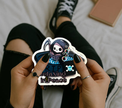 RIP Grim Reaper Waterproof Sticker: Gothic Humor, Glossy or Holographic