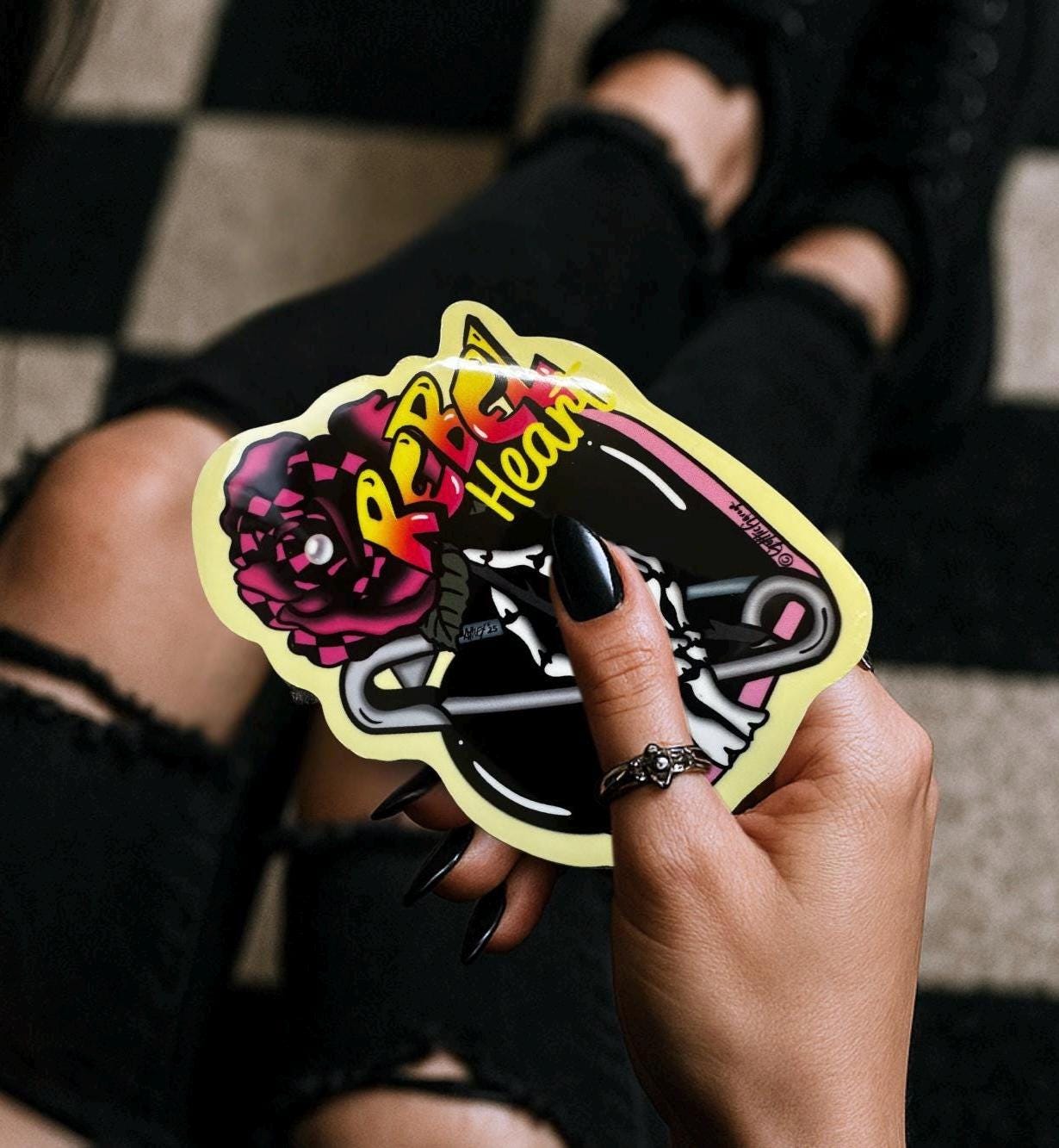 Rebel Heart Punk Sticker: Skeleton Hand, Rose, Safety Pin - Waterproof Die Cut