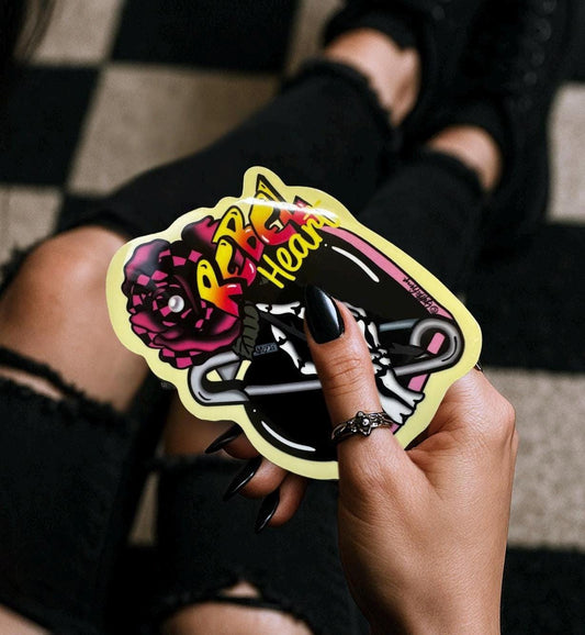 Rebel Heart Punk Sticker: Skeleton Hand, Rose, Safety Pin - Waterproof Die Cut