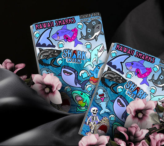 Kawaii Sharks Sticker Sheet– Goth Cute & Spooky Ocean Stickers