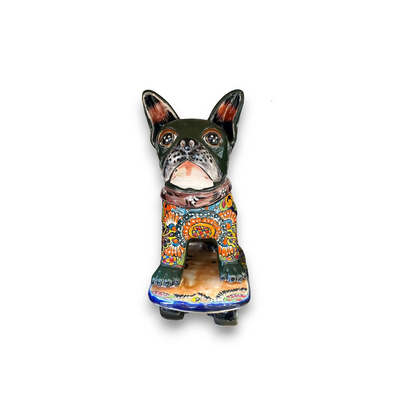 Talavera Frenchie Statue | Colorful Skateboarding Bulldog Art