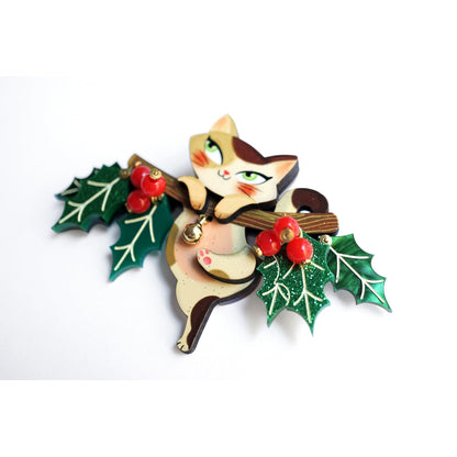 Kitty on A Holly Branch Brooch by Laliblue