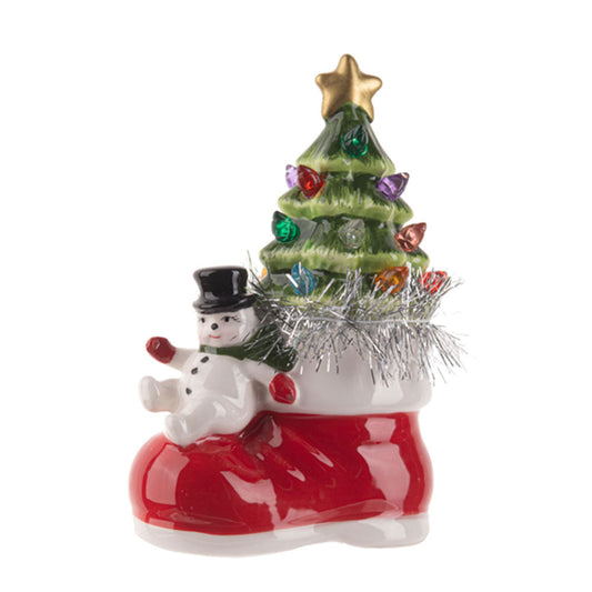 Light Up Ceramic Snowman w/Tree in Boot Figurine