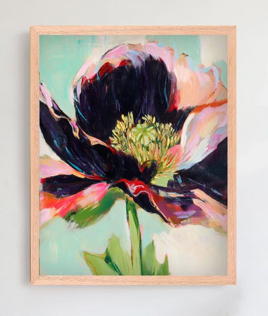 Midnight Bloom – Original Framed Oil Pastel Drawing by Christine Lindstrom, 8"x10", Ready to Gift
