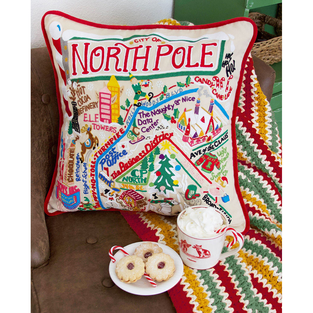 North Pole City Hand-Embroidered Pillow by Cat Studio Quirks!