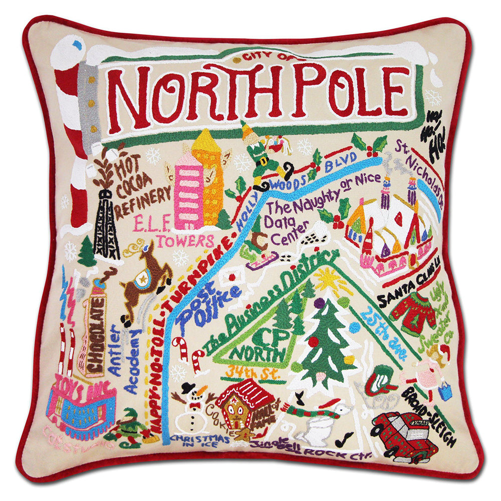 North Pole City Hand-Embroidered Pillow by Cat Studio Quirks!