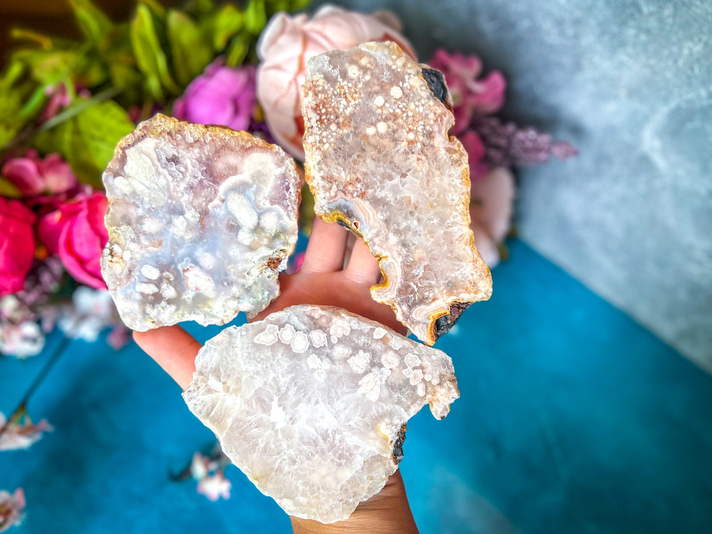 Beautiful Pink Flower Agate Slices, Polished Flower Agate Slabs, Pink Cherry Blossom Agate Polished Slab