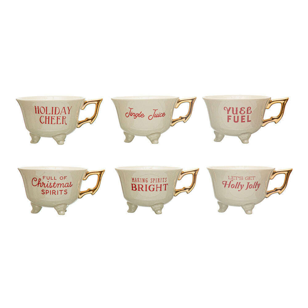 Set of 6 Sassy Holiday Footed Teacups w/ Gold Electroplating