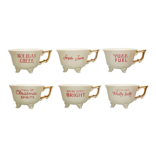 Set of 6 Sassy Holiday Footed Teacups w/ Gold Electroplating